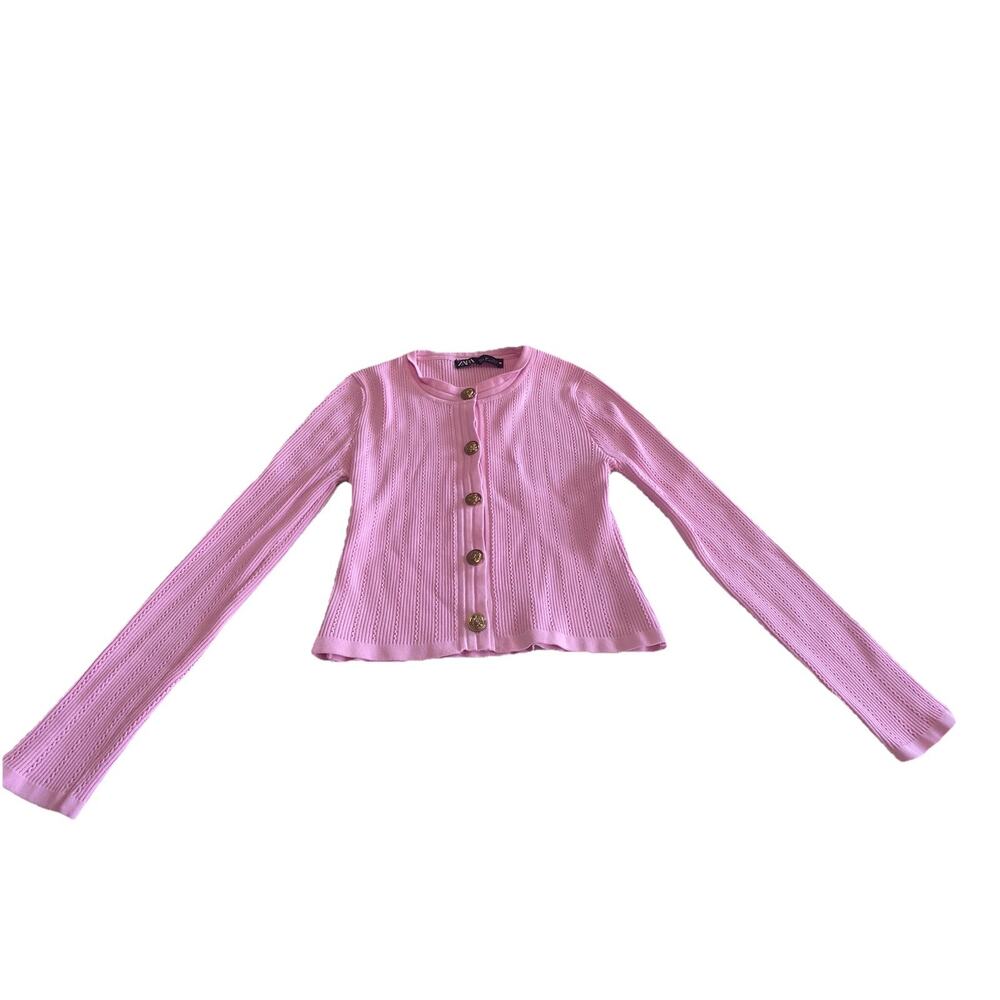 zara pink ribbed cardigan skirt set gold buttons sz L classic DC lady jacket - Picture 4 of 10